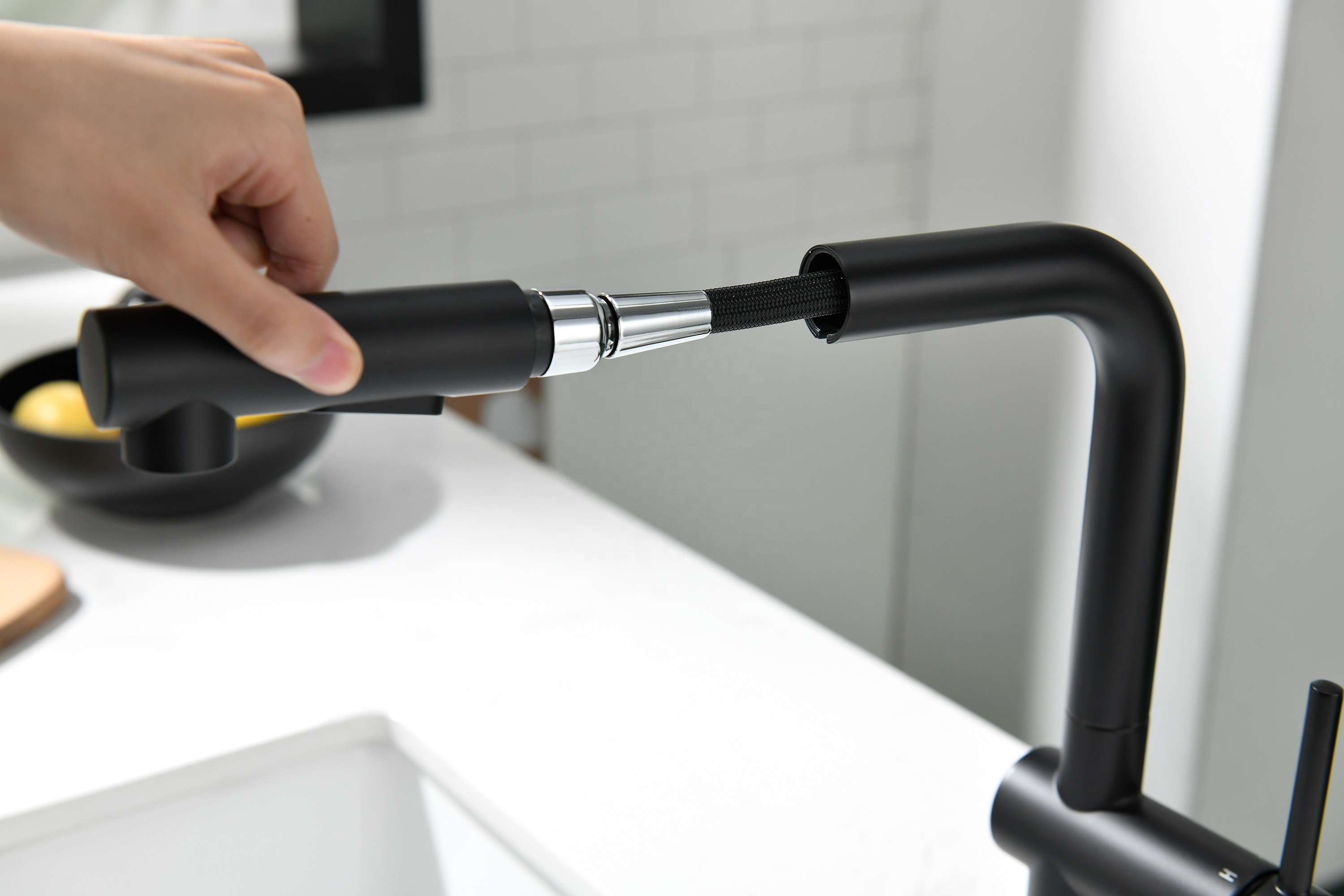 Fregadero de cocina moderno con grifo, grifo extraíble para cocina, purificador de agua en negro mate