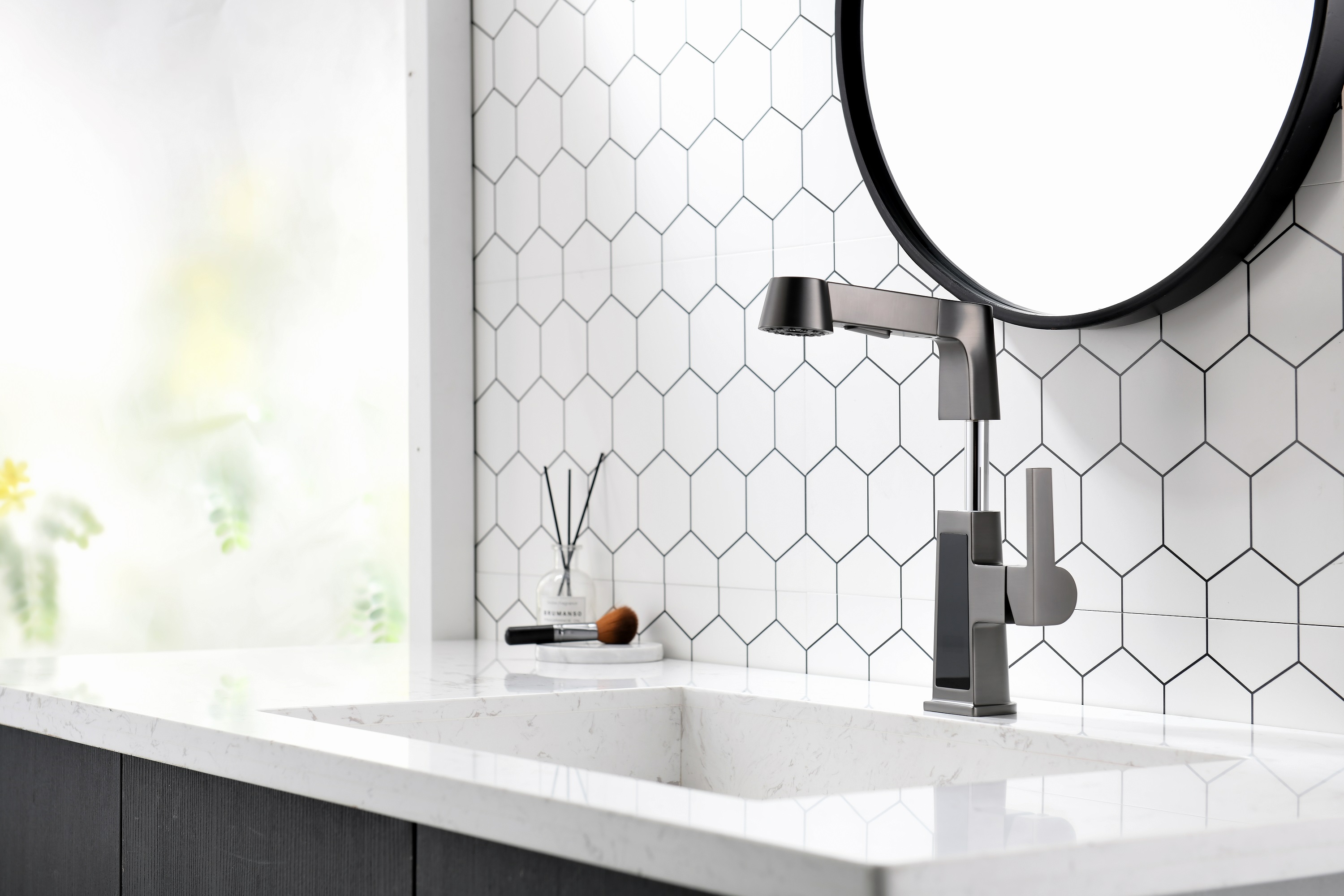 Grifo cuadrado cromado para lavabo, grifo de baño extraíble con pantalla de temperatura