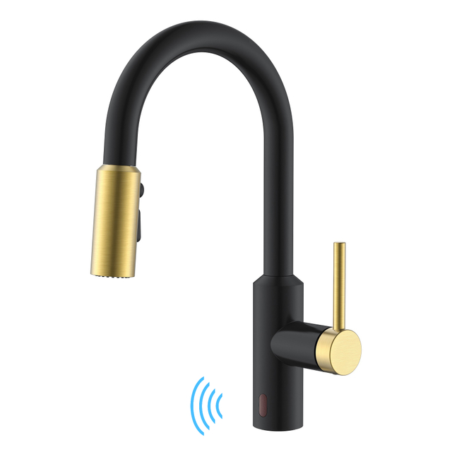 Nuevo diseño, grifo de cocina extraíble en negro y dorado, grifos de cocina sin contacto
