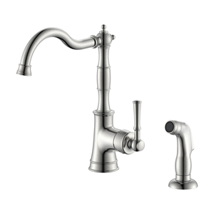 Grifo monomando para cocina de níquel cepillado con rociador lateral de 2 orificios