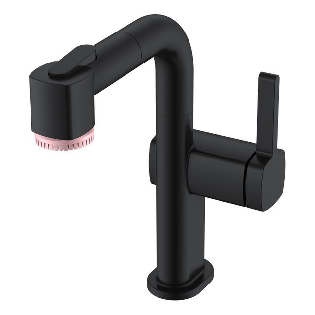 Grifo de baño de un solo orificio negro ajustable con cepillo de belleza