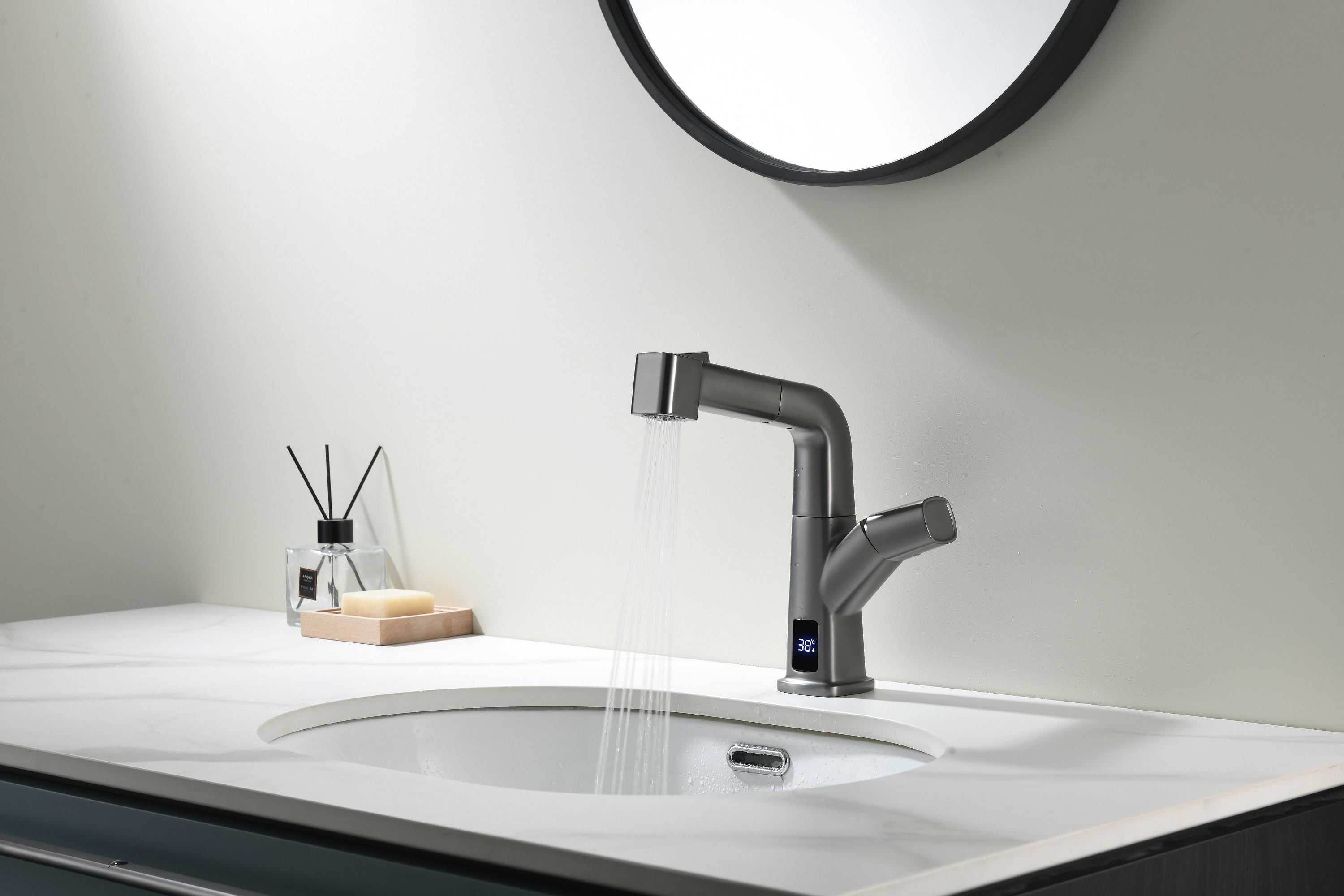 Grifo de lavabo con pantalla de temperatura, grifo de baño extraíble de acero inoxidable negro